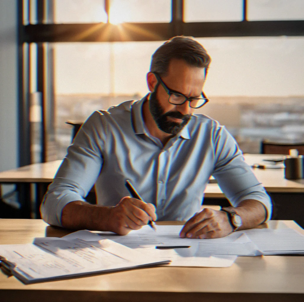 Professional reviewing diagnostic assessment worksheet with pen and coffee on desk