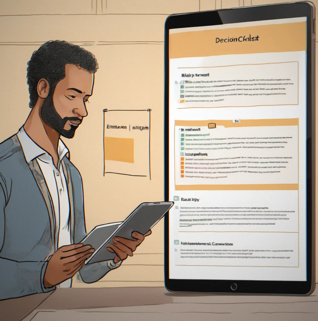 Decision checklist template displayed on tablet with checkboxes and framework steps
