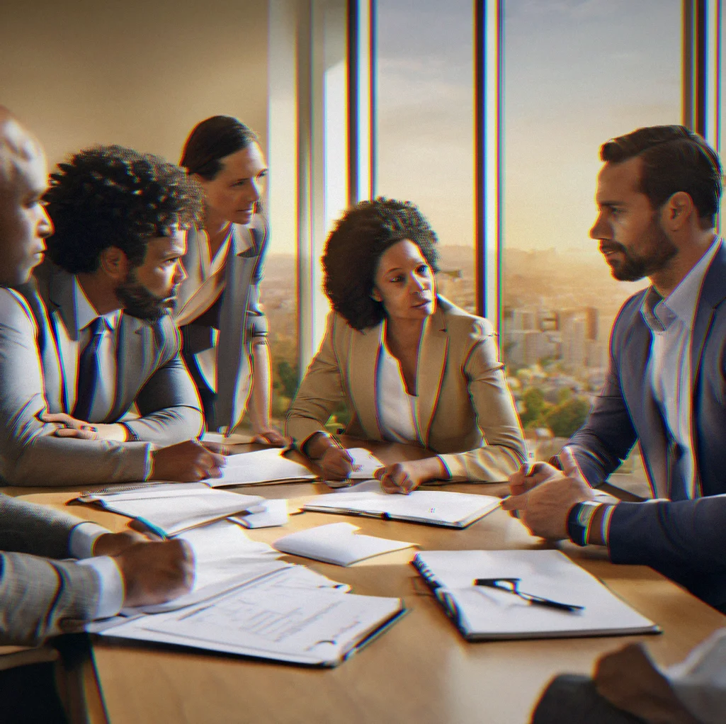 Group of professionals in structured discussion around conference table during debrief
