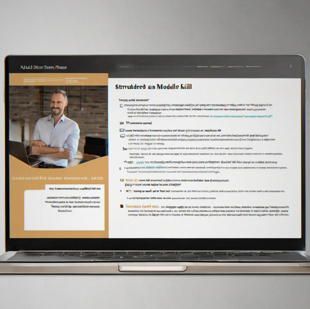 Laptop screen showing structured skill module with video player and decision framework worksheet