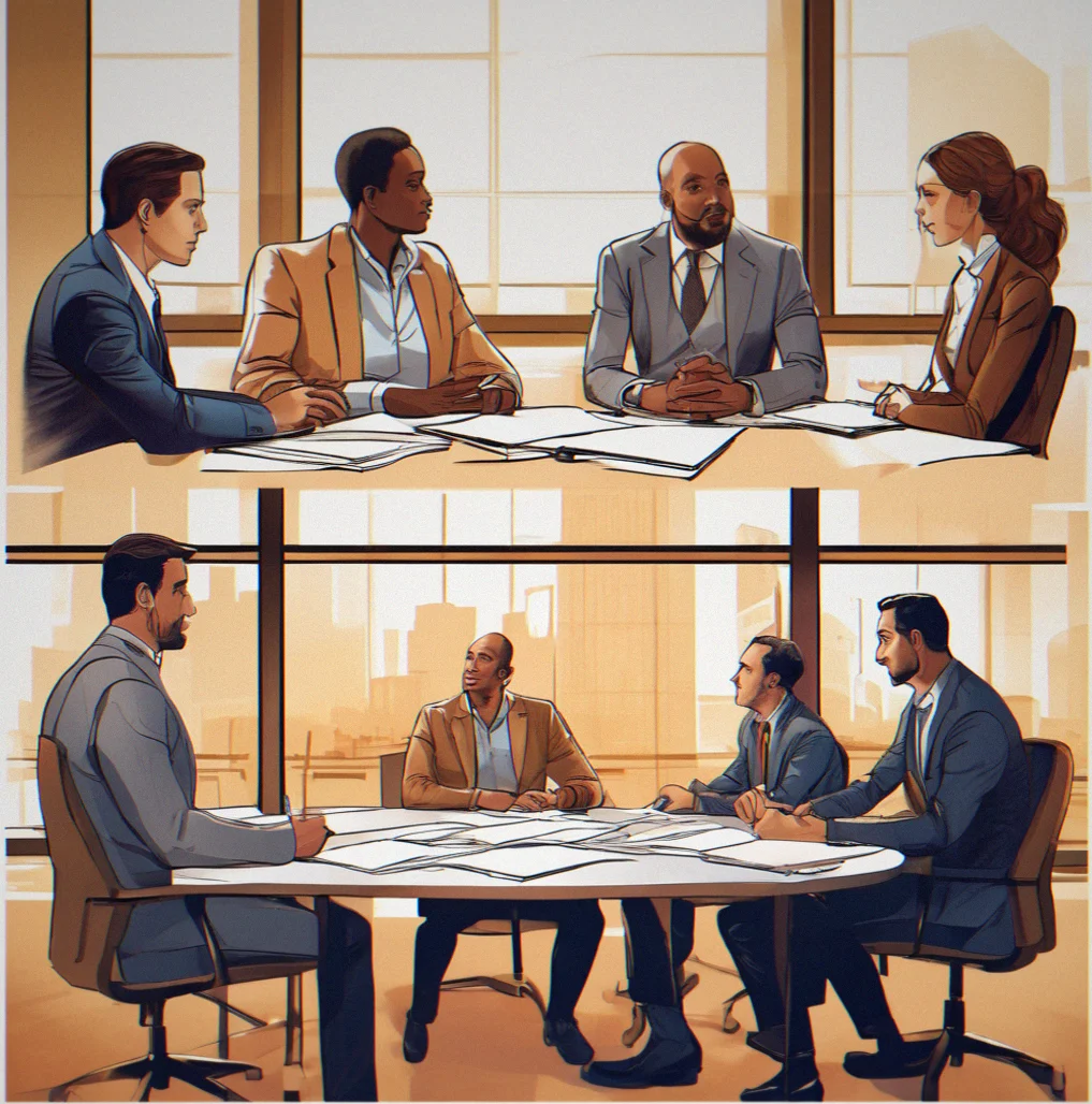 Group of eight professionals seated around table in structured debrief conversation