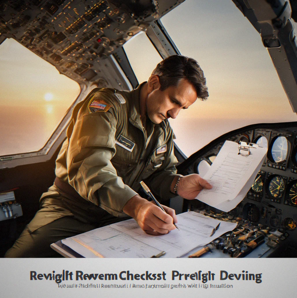 Pilot reviewing preflight checklist on clipboard with cockpit instruments visible in background