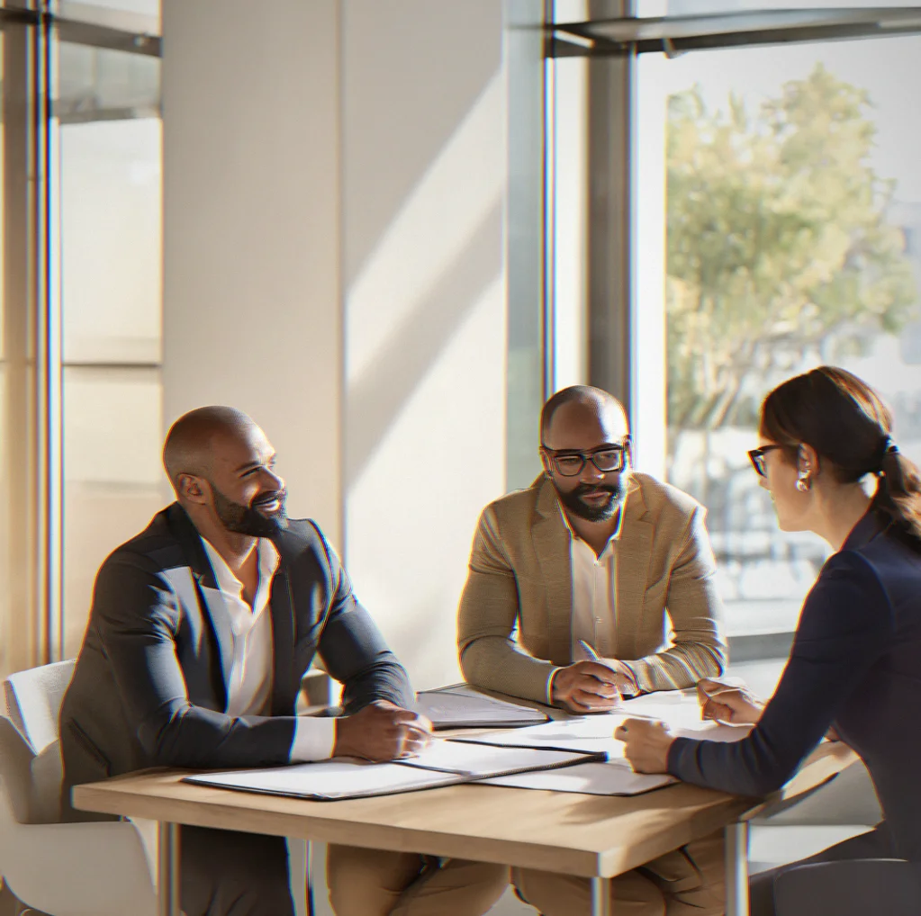 Group of professionals in discussion around a table during a structured debrief session