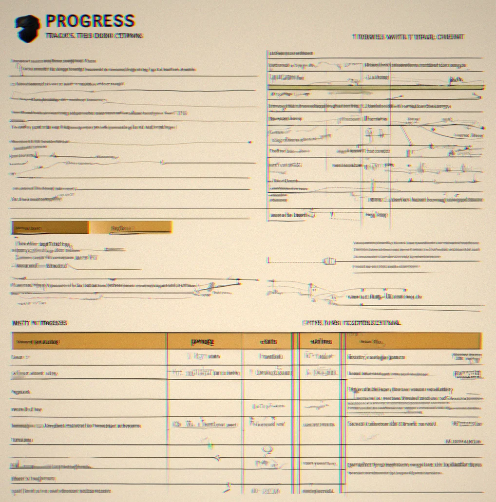 Progress tracking document with metrics charted over twelve months showing upward trajectory