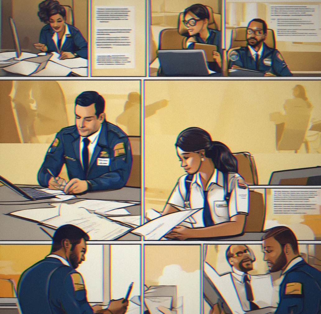 Flight crew conducting crew resource management training with communication protlcols displayed
